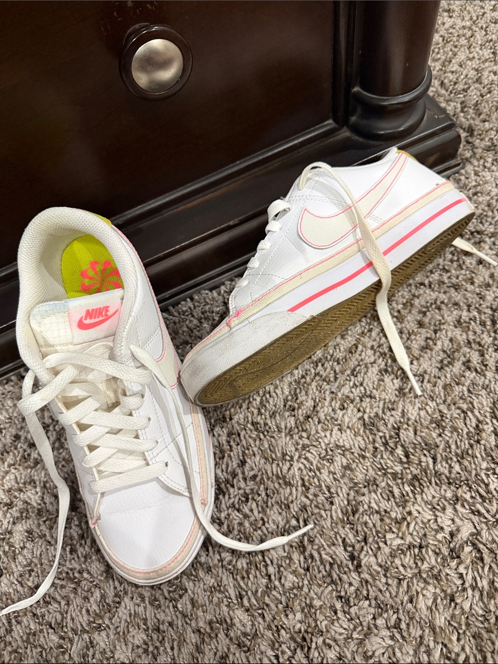 Nike Women's White Sneakers with Pink Stripe and Neon Green Insole